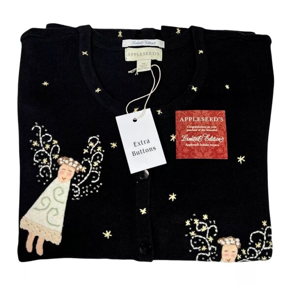 Limited Edition Appleseed's Womens Black Christmas Angels Cardigan Sweater Sz XL - Picture 12 of 16